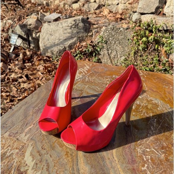 Jessica Simpson coral patent leather sling back peep toe cork heel platforms - Picture 2 of 8